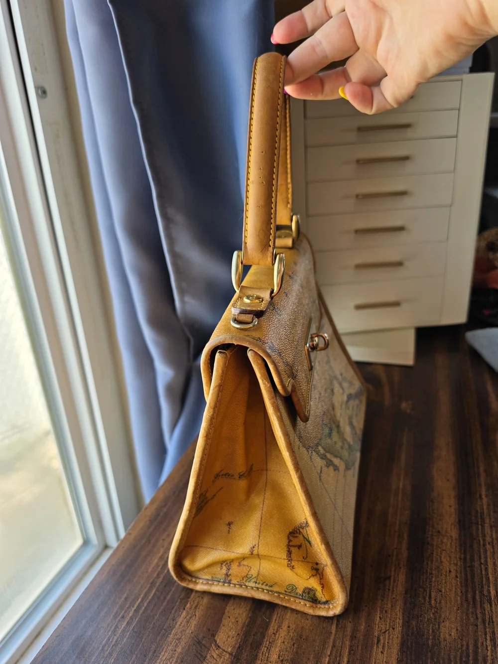 Alviero Martini Brown Map-Print Top Handle Bag